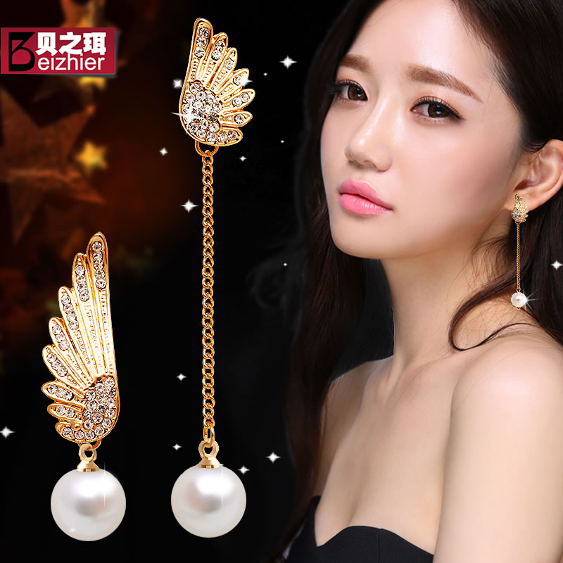 耳饰品天使翅膀不对称流苏耳环长款人造珍珠耳钉耳坠无耳洞耳夹女