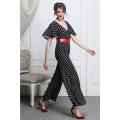 Retro black and white elegant Lotus Leaf sleeves v-neck chiffon high waist wide leg jumpsuit pants jumpsuit 9132