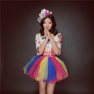定做亲子新款 欧根纱撞色拼接半身纱裙蓬蓬短裙拍照演出DJ舞蹈裙