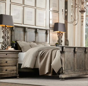 美国RH原单美式简约实木雕花床法式乡村复古家具欧式定制橡木婚床