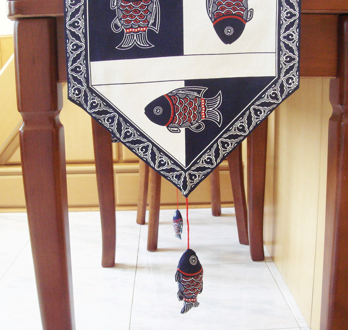 中式全棉桌旗 桌骑 纯棉传统 茶几布艺餐桌旗 年年有鱼布络中国风