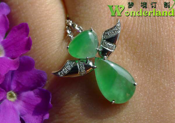 天然A货冰种翠阳绿色满色翡翠水滴小天使吊坠项链18K金镶玉钻现货