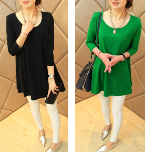纯色胖显瘦打底衫 宽松T恤中长款 绿色黑色上衣春秋 长袖 女纯棉大码