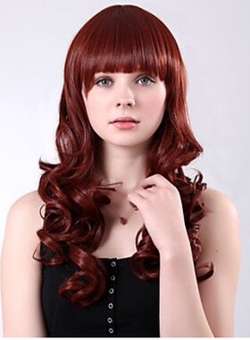 齐刘海棕红色长卷发