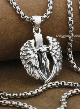 摇滚风纯银天使之翼十字架吊坠