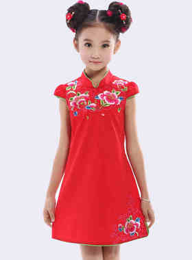 2025中国风民族女童碎花夏装琉璃蝴蝶立领旗袍夏季古筝表演服红色