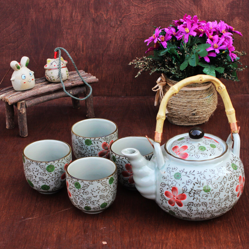 釉下彩青花瓷功夫茶艺茶杯 日式桥梁茶组复古水杯水壶700ML