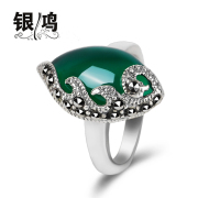 Hong 925 Silver jewelry inlay natural green agate silver Swan vintage Thai silver fashion ring old silversmith ladies ring