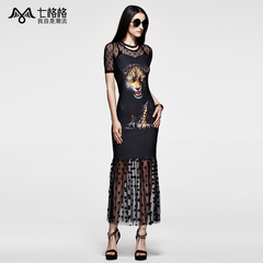 Seven space space OTHERMIX Tiger print gauze stitching slim short sleeve black dress