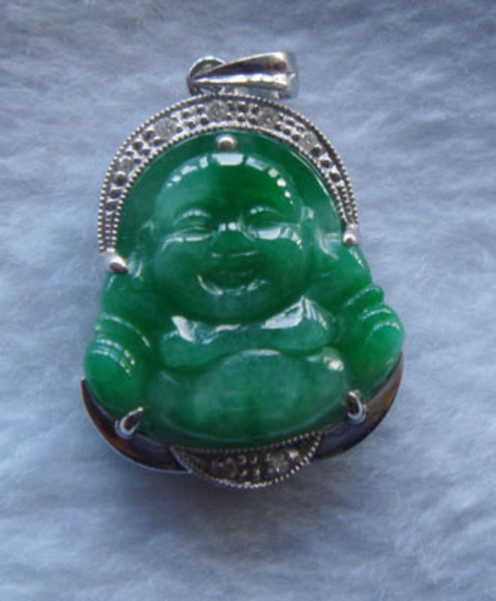 腾冲天然翡翠A货18k镶钻满绿佛像挂坠