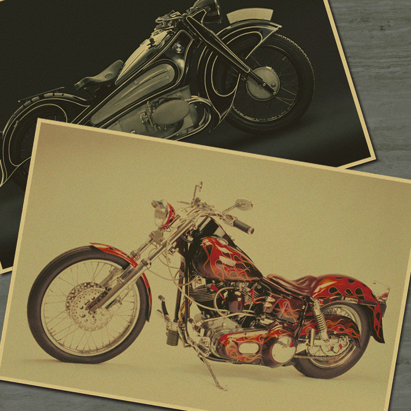 老爷车 怀旧复古摩托牛皮纸海报 老照片咖啡店酒吧装饰画芯贴画片