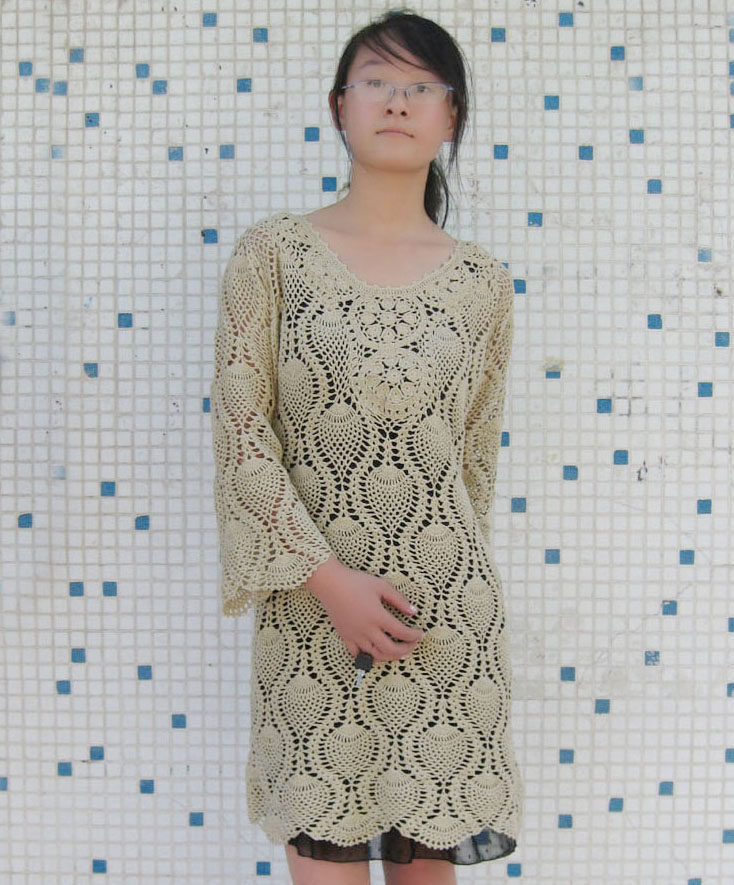 包邮手工定制 VIVI新款钩针长袖圆领连衣裙子 针织衫女装裙装769
