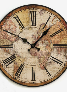 美式乡村田园复古挂钟 客厅时尚创意个性钟表 世界地图款y6521