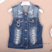 Phụ nữ vest cao bồi Thời trang Hàn Quốc Áo khoác vest nữ đính cườm không tay denim - Áo vest