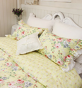 韩国进口淡黄色春天气息大小玫瑰花朵浪漫田园风荷叶边四件套床品