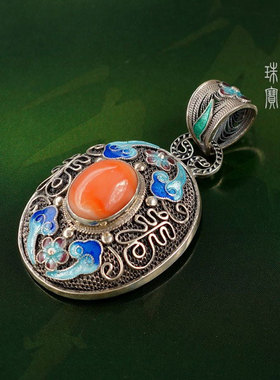 镶嵌红色宝石吊坠景泰蓝手工银饰