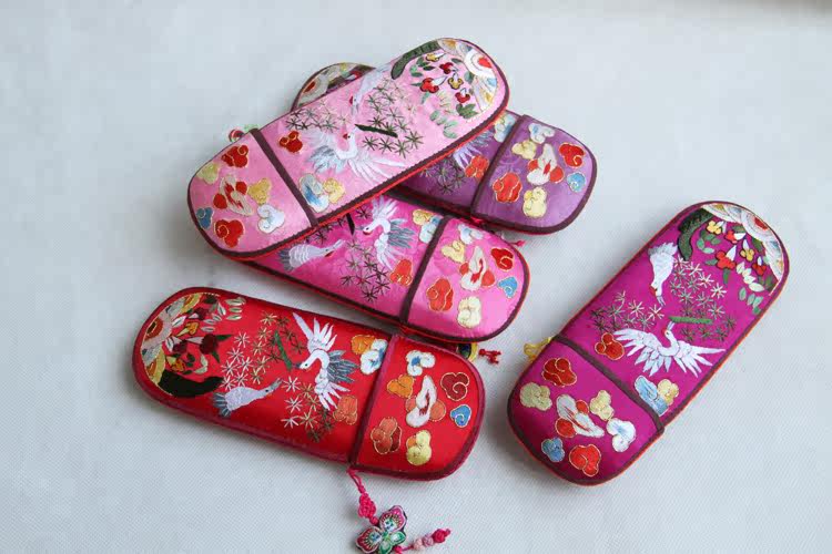 江南绣庄苏绣成品手工刺绣江南特色苏州礼品眼镜盒鹤舞 福寿