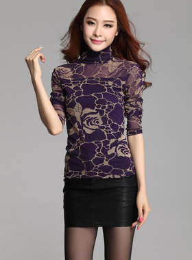 正品新款秋装修身韩版纱衣玫瑰花高领网纱打底衫 女 长袖t恤雷丝