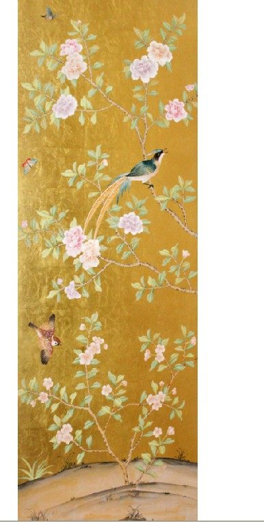 真丝手绘墙纸工笔花鸟金箔底丝绸壁纸silkwallpaper
