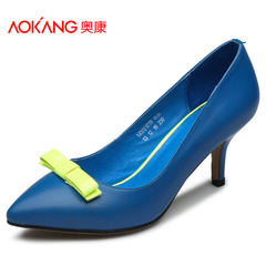 Aokang shoes new Sheepskin heel asakuchi Joker OL bow women's shoes fashion shoes