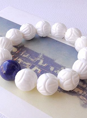 天然白色水晶手链莲花青金石