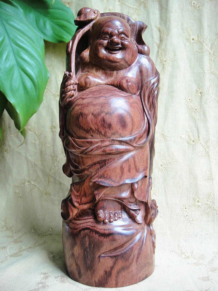 马狮麟海南黄花梨弥勒佛摆件 海黄虎皮纹布袋罗汉如意佛像木雕