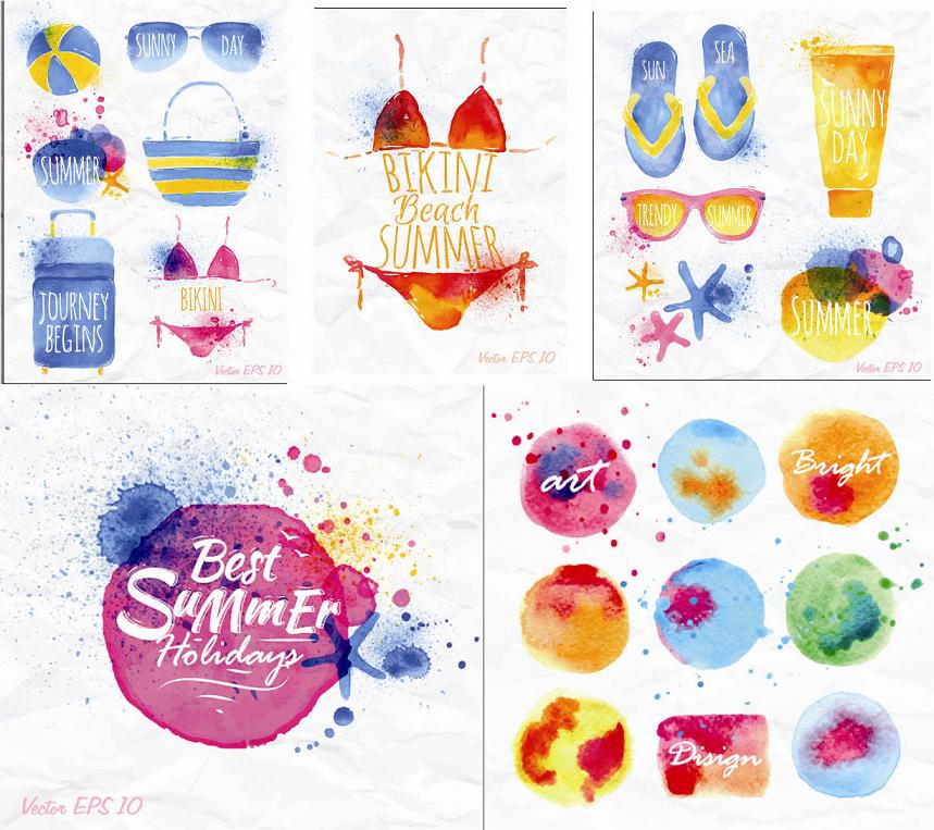 矢量设计素材 可爱夏天风格水彩图案比基尼拖鞋饮料 EPS格式 5P