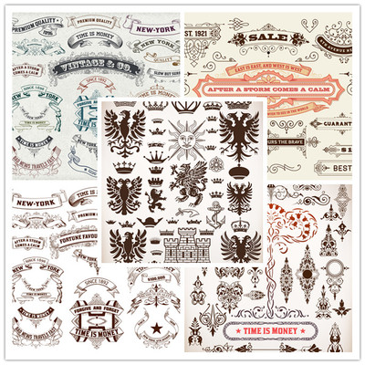 矢量设计素材 欧美复古花纹花卉装饰横幅纹章元素图案 EPS格式 5P