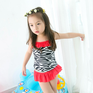 儿童泳衣女童斑马纹条纹分体泳衣中小童时尚花边吊带防晒分体泳衣