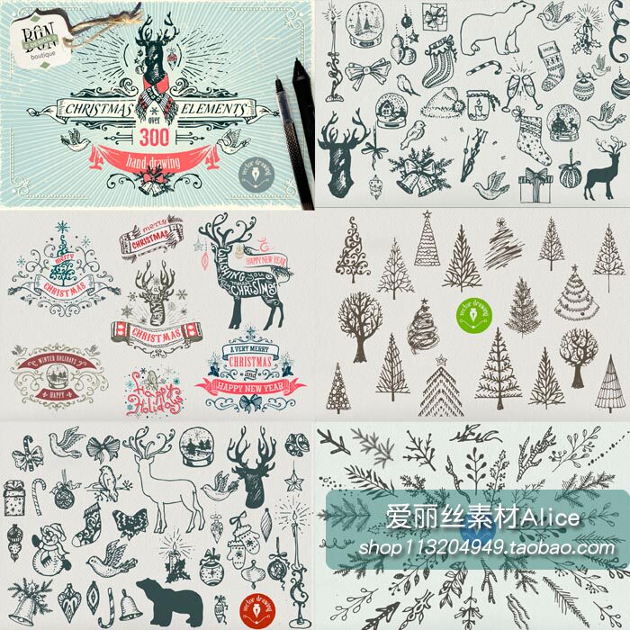 [403]手绘圣诞节欧式花纹LOGO动物雪花插画AI矢量设计素材PSD/PNG