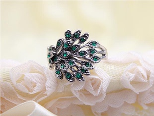 新款复古钛银戒指韩国孔雀羽毛女食指环时尚镶钻配饰包邮