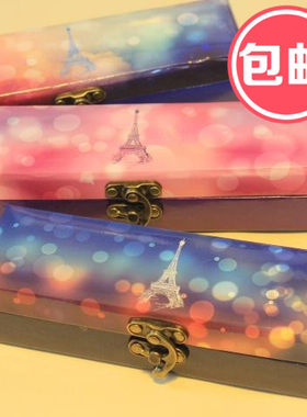 包邮复古铁塔蓝色天空搭扣文具盒学生男女铅笔盒收纳镜子