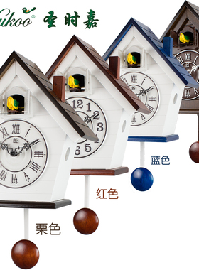 圣时嘉6061田园多彩木制光控布谷鸟挂钟咕咕钟座钟挂钟两用多色入