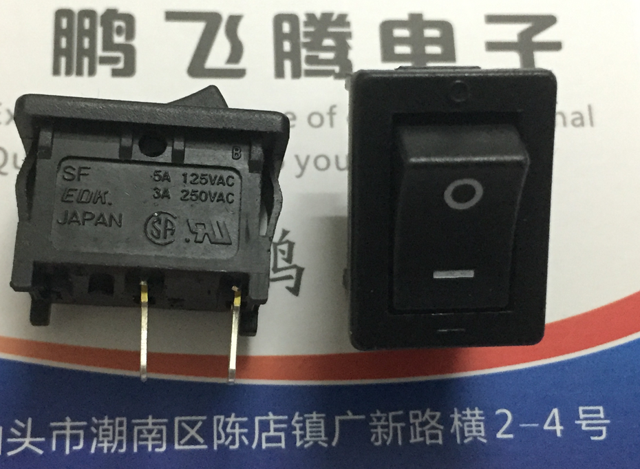进口日本EDK 船型开关2脚2档 翘板电源按键开关3A250V 15*21mm 黑色 SF-W1S1A 开孔15*21mm 镀银触点 电流电压：3A250VAC / 5A125VAC 长寿命 耐高温 手感好 开关表面全部印有SF EDK JAPAN 有详细资料尺寸图