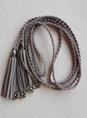 出口订单尾货 数量有限 小梅花吊坠流苏韩国绒编织灰色黄棕色腰带