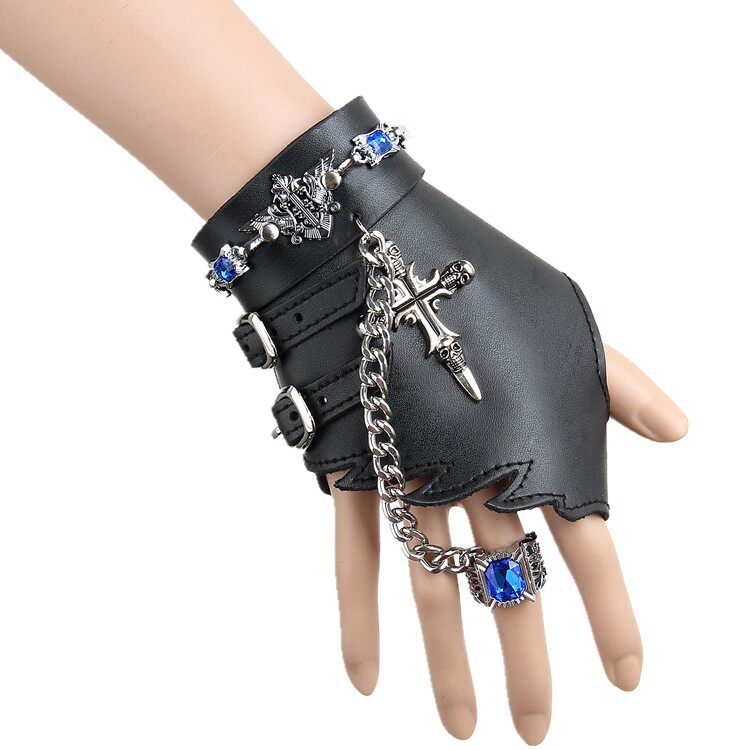日韩朋克摇滚动漫黑执事人工蓝宝石蓝钻戒指皮手链组合十字架手套