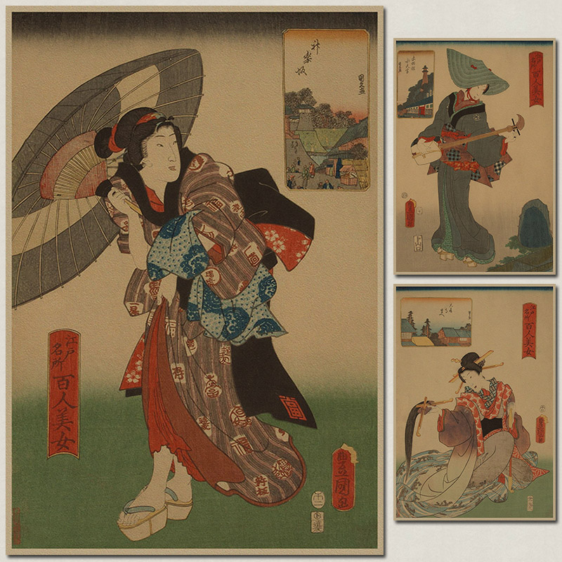 浮世绘美人图 日式风格复古牛皮纸海报 日本料理酒吧咖啡店装饰画图片