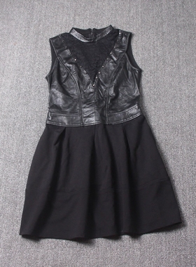 2025秋冬新款时尚拼接羊皮中裙女修身显瘦无袖套头连衣裙