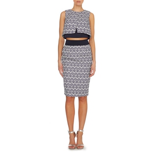 出口英伦尾货提花布面料全里衬两件套装无袖圆领显瘦通勤背心半裙