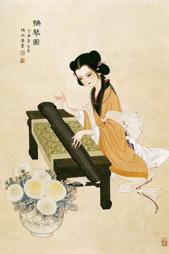 719海报印制展板写真喷绘贴纸987音乐室古典画抚琴图-副本