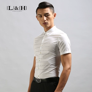 Luo Hao nam mùa hè Hàn Quốc nam đáy áo Slim bông giản dị dán thư màu đen ngắn tay t-shirt nam Áo phông nam hàng hiệu