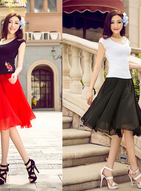 垂感雪纺大摆半身裙女夏纯色高腰清新修身中裙半截裙过膝裙子短裙