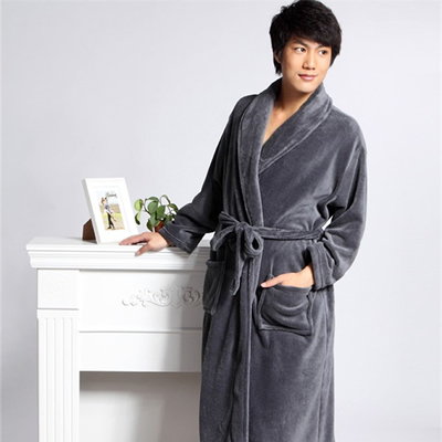 秋冬季灰色浴袍男士珊瑚绒家居服