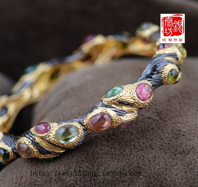 泰银坊 泰国烧蓝珐琅彩西瓜碧玺紫晶葡萄石女款轻奢彩宝开口手镯|msdalam kategori Aksesori/Barang Kemas Fesyen, gelang - dari Buy2taobao.com untuk memberikan perkhidmatan ejen Taobao profesional membeli