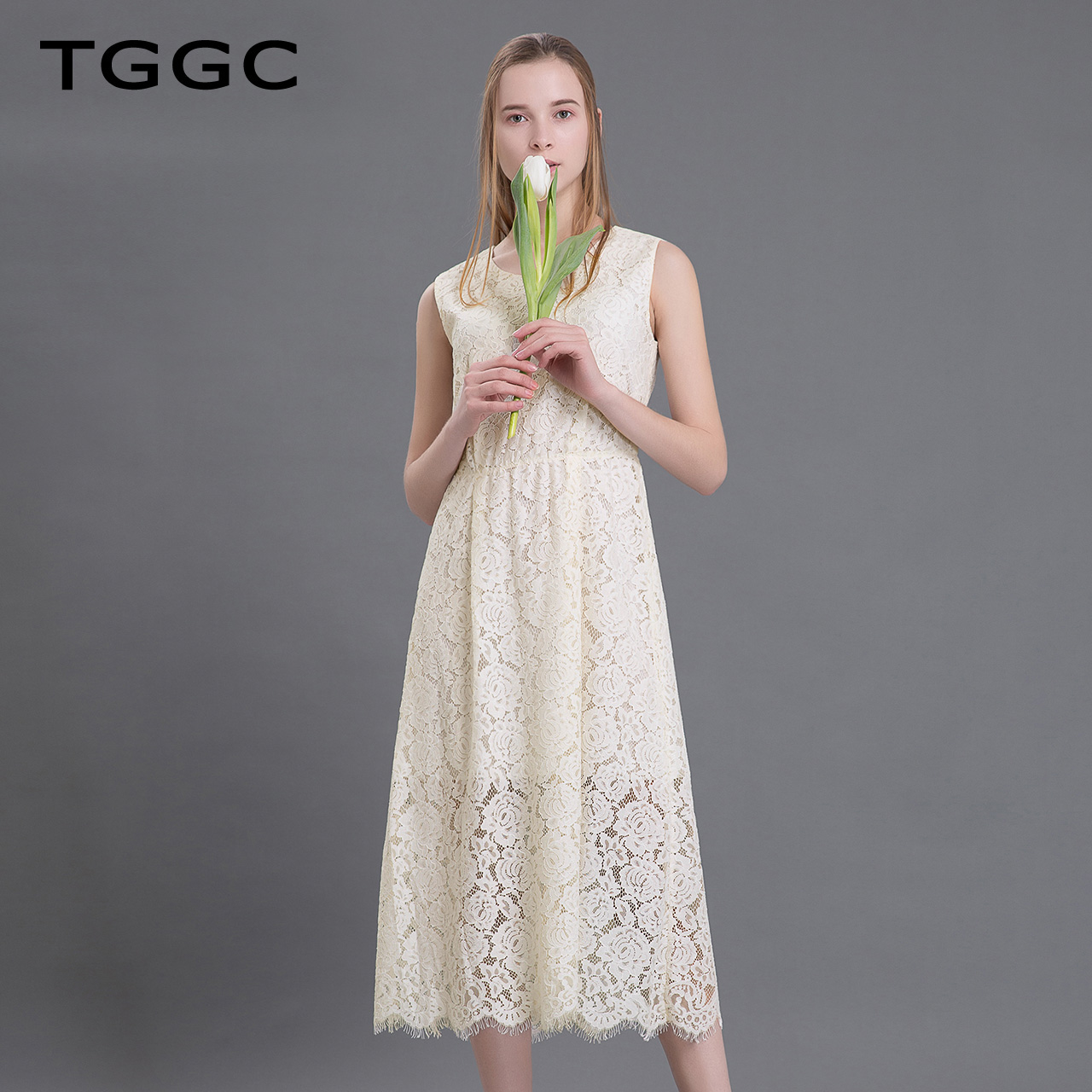 TGGC 2018ÏÄ×° ÀÙË¿ÐÞÉíÊÕÑüÎÞÐä¸ßÑüÆøÖʳ¤È¹Å®Á¬ÒÂȹ F20631