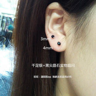 手工s999纯银足银麻花耳针切面闪珠扁珠黑尖晶耳骨钉耳钉养耳男女