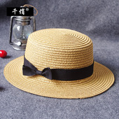 亲子 夏天女小礼帽子潮女英伦草帽 短檐蝴蝶结平顶遮太阳沙滩帽子