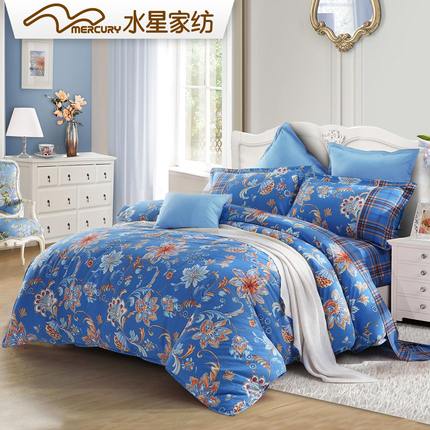 水星家纺 全棉双面磨毛印花四件套 蓝莓之恋秋冬保暖加厚床上用品