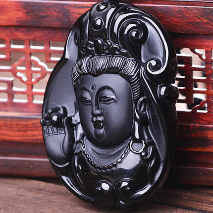 卜安堂开光天然磨砂黑曜石明珠观音大势至菩萨吊坠