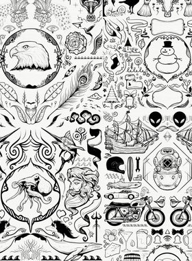 手绘黑白描边矢量狮狼图腾花边徽章PS形状PSD分层源文件设计素材